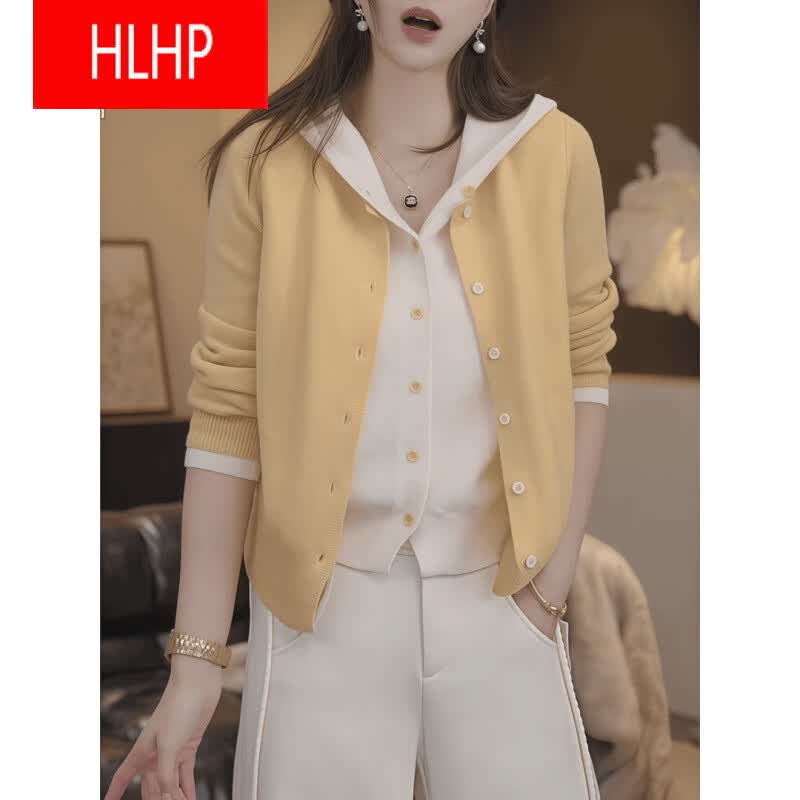 HLHP黄色连帽假两件毛衣女秋冬新款超火韩版设计感撞色减龄显瘦针织衫 黄色 M