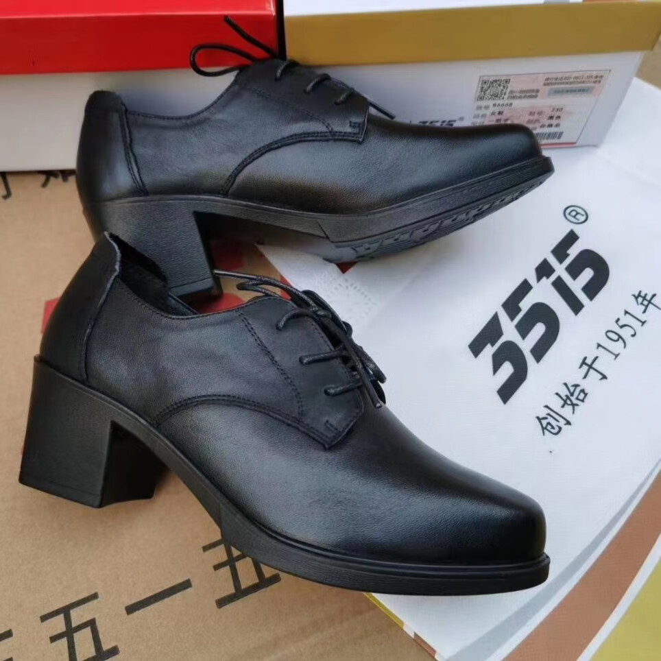 强人夏春秋季职业执勤鞋女鞋真皮休闲舒适中跟系带女单鞋公装 35