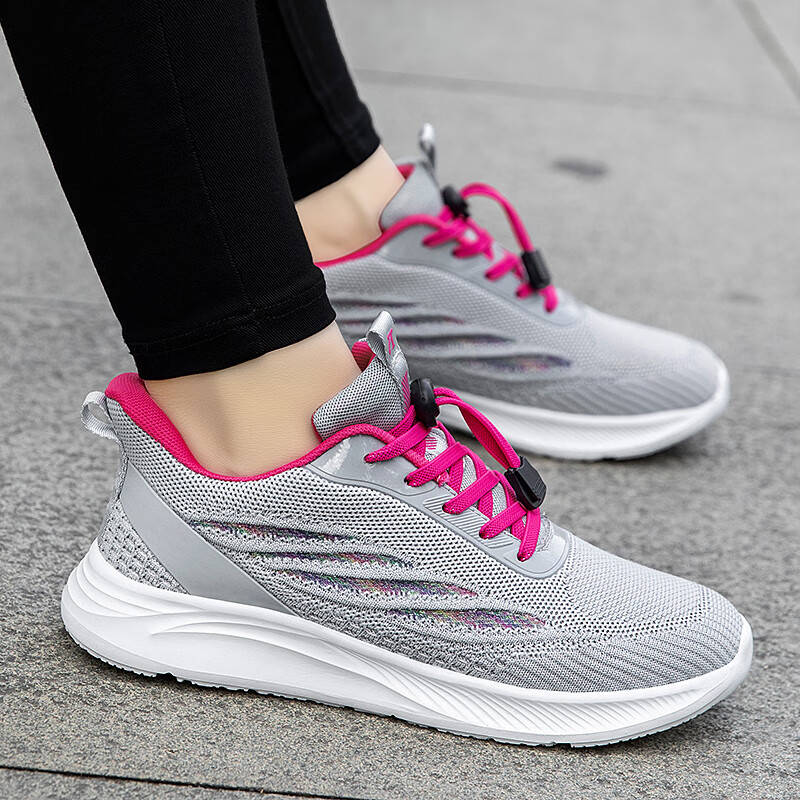 女春秋防滑轻便健步鞋休闲中年女鞋运动舒适妈妈鞋 sx-6107女款灰玫红