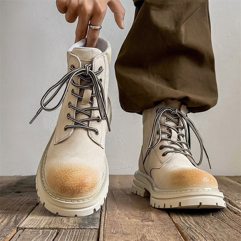H8马丁靴男中帮英伦风真皮工装鞋高帮厚底户外登山鞋男士大黄靴子 米白色（猪皮）旗舰版 40 男码