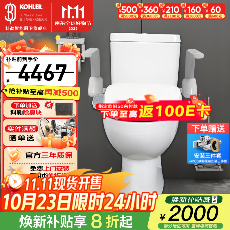 科勒（KOHLER） 适老马桶安全扶手座便器无障碍老人残疾人虹吸双冲智能座便器 22746/22747+18649+22091HC 坑距是290-390选305
