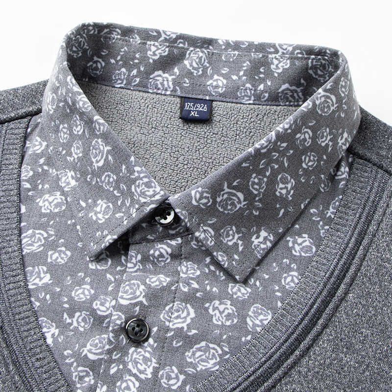 罗蒙（ROMON）含桑蚕丝加绒假两件针织衫男冬季新款加厚保暖印花打底衫毛衣男 7Z111601黑色 XL /175 （建议125-145斤）