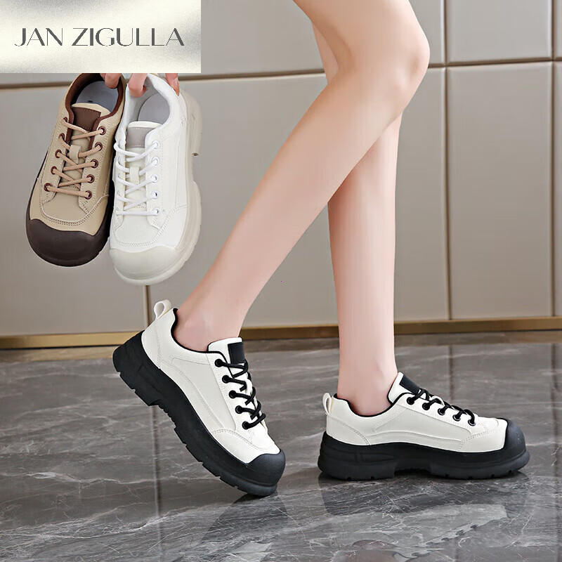 JAN ZIGULLA厚底内增高小白鞋女2025秋季新款初中生小个子女大头丑萌运动鞋 白色 40
