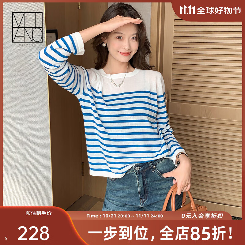 针织衫清新简约蓝白条纹圆领短款上衣新款针织衫女 蓝白条(常规版) s
