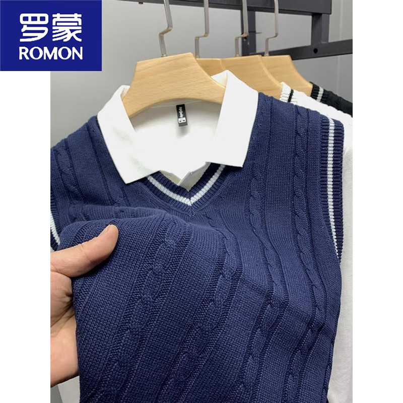 罗蒙（ROMON）秋冬季男士毛衣青年背心加绒加厚线衣V领针织衫马甲无袖男坎肩潮 上青不加 绒无袖马甲 XL 175125斤140斤