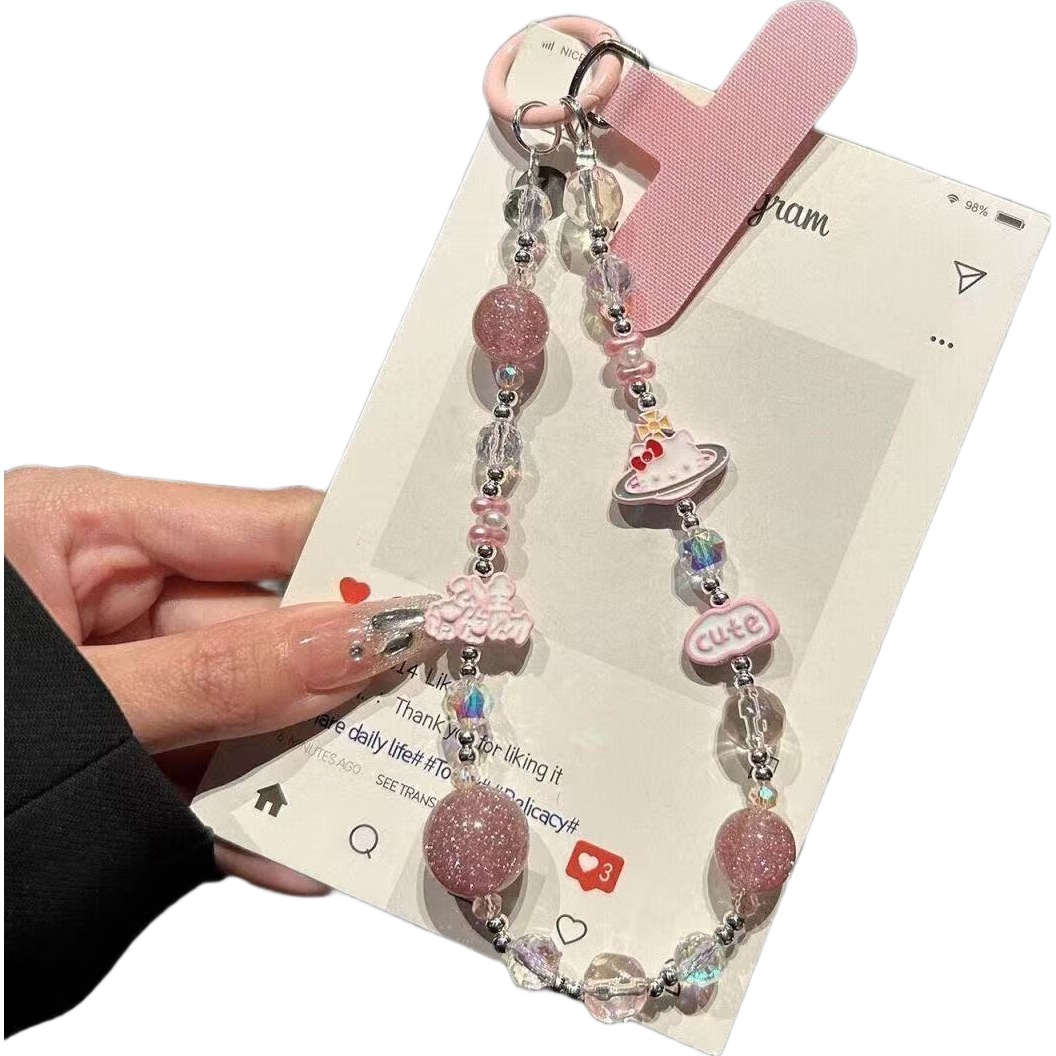 国潮新年公主请发财手机链手机挂绳短款链条珠饰防丢ccd相机耳机挂链ins风带垫片 白色kitty猫公主请发财珠子挂件透