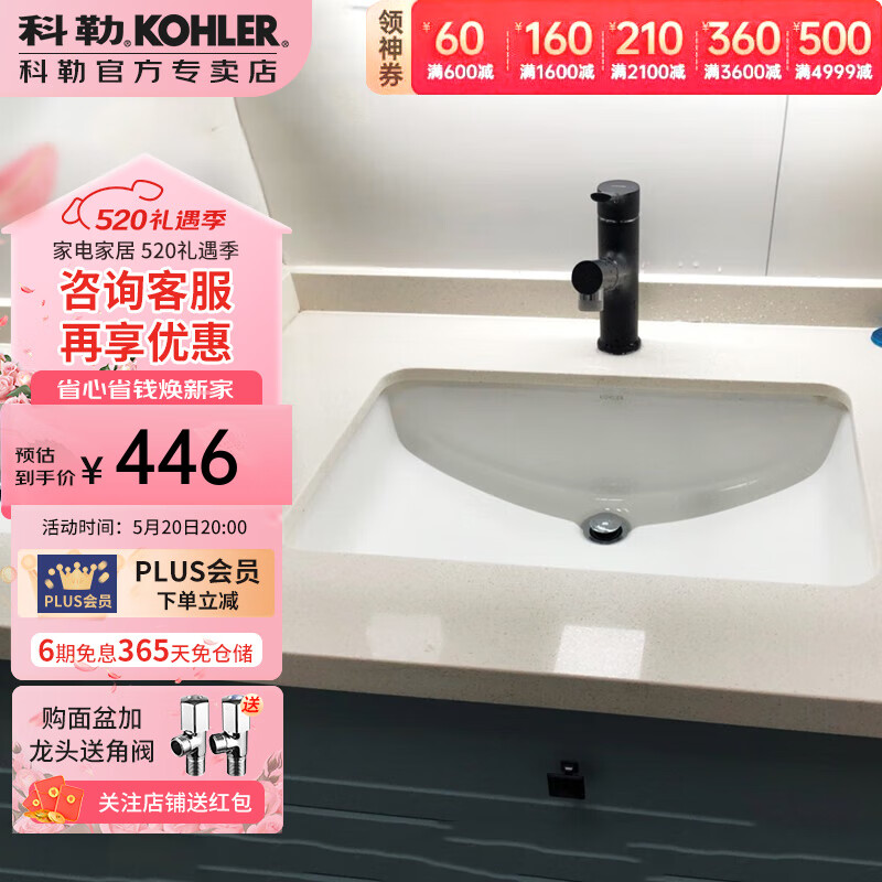 科勒（KOHLER）台盆方形台下盆面盆拉蒂纳浴室卫生间洗手盆陶瓷洗脸盆2215T K-2215T-M-0（21寸台下盆）