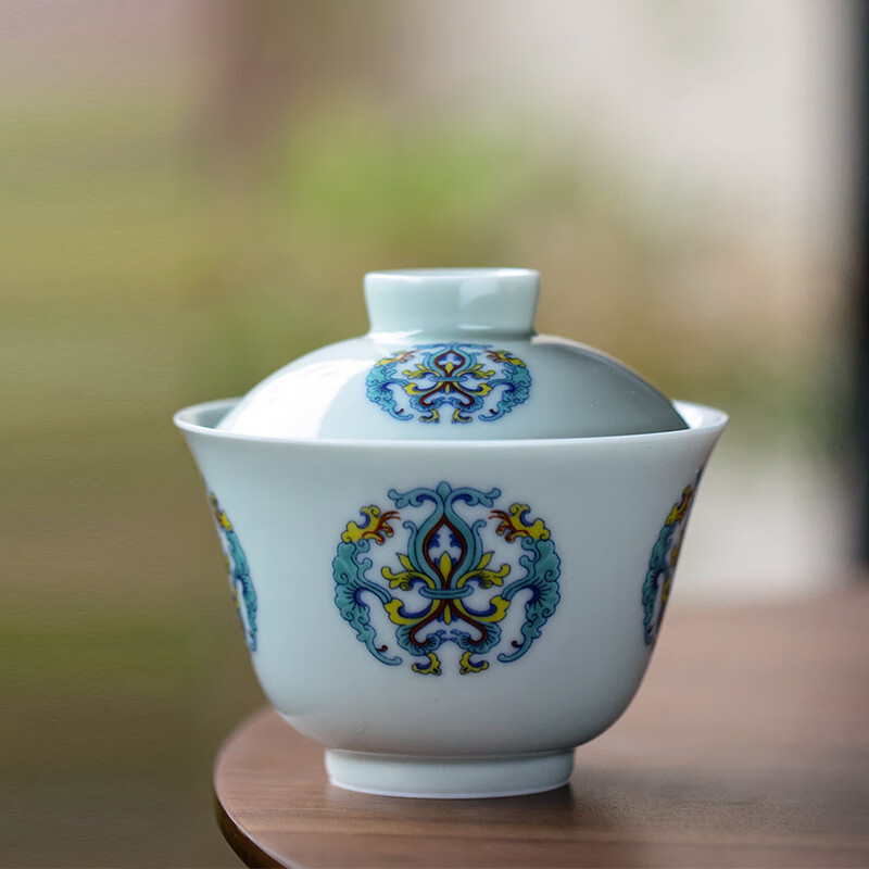 元青佳盛功夫茶具二才盖碗忍冬灵芝纹薄胎瓷盖碗泡茶碗150ml