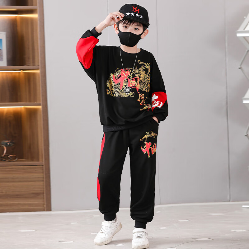 宇龙童话童装男童套装春秋装儿童中国风国潮红色男孩帅气运动秋款衣服 黑色春秋套装（衣服裤子） 170