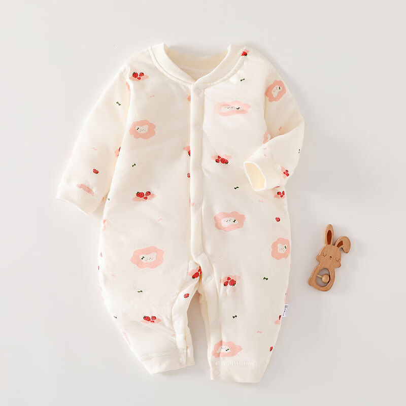 温小影婴儿连体衣秋冬夹棉加厚新生儿棉衣40g薄棉服0-12个月宝宝衣服 X6621米色小浣熊薄棉袄-开扣 66cm(11-14斤合适)