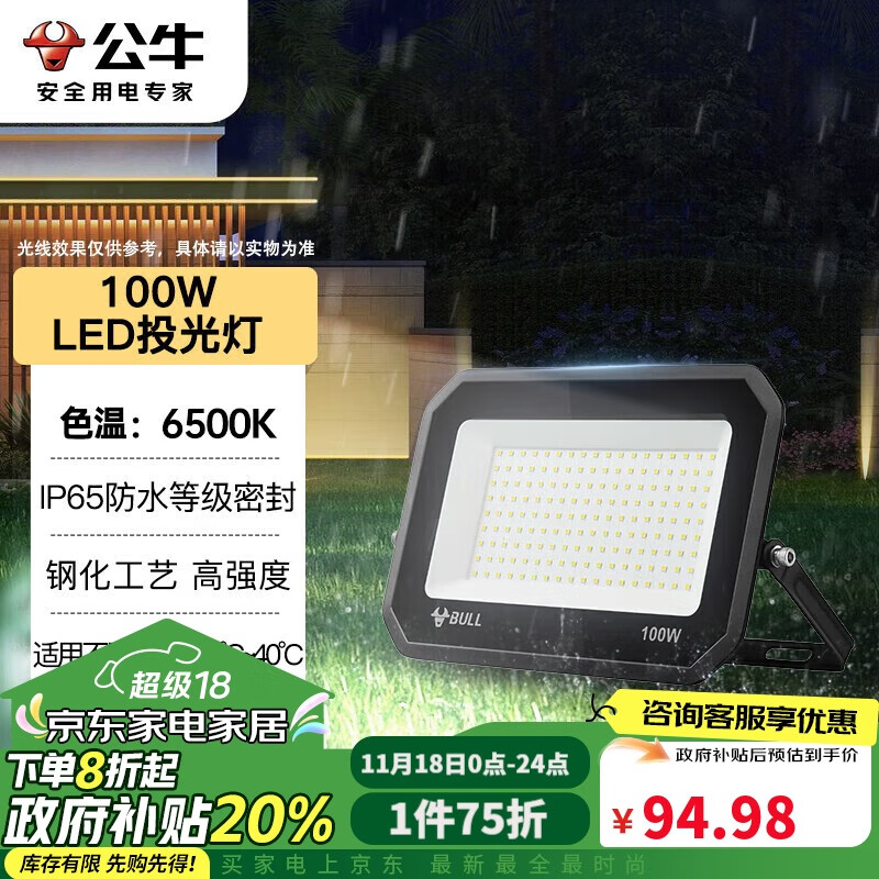 公牛（BULL）LED投光灯户外庭院工厂园林灯露营灯 IP65防水等级100W-6500K白光