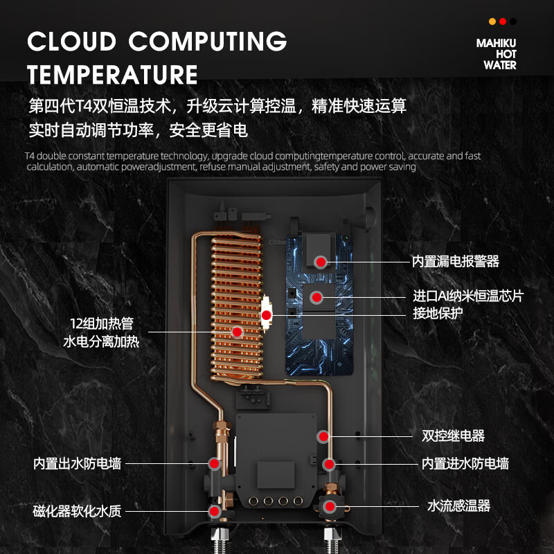 MAHIKU德国玛狮图即热式电热水器速热大水量小型超薄变频恒温过水热卫生间洗澡淋浴 8800W 钢琴黑丨语音控制+恒温大水量