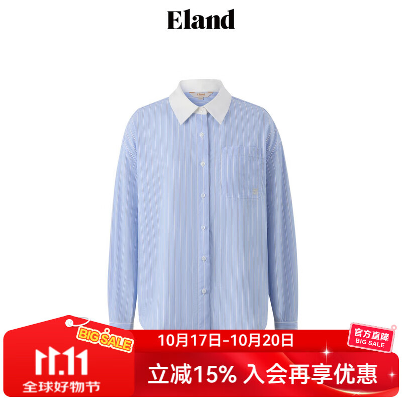 ELAND衣恋衬衫女简约风撞色纯棉舒适修身显瘦长袖2025冬季新款 蓝色(50)Blue S 160