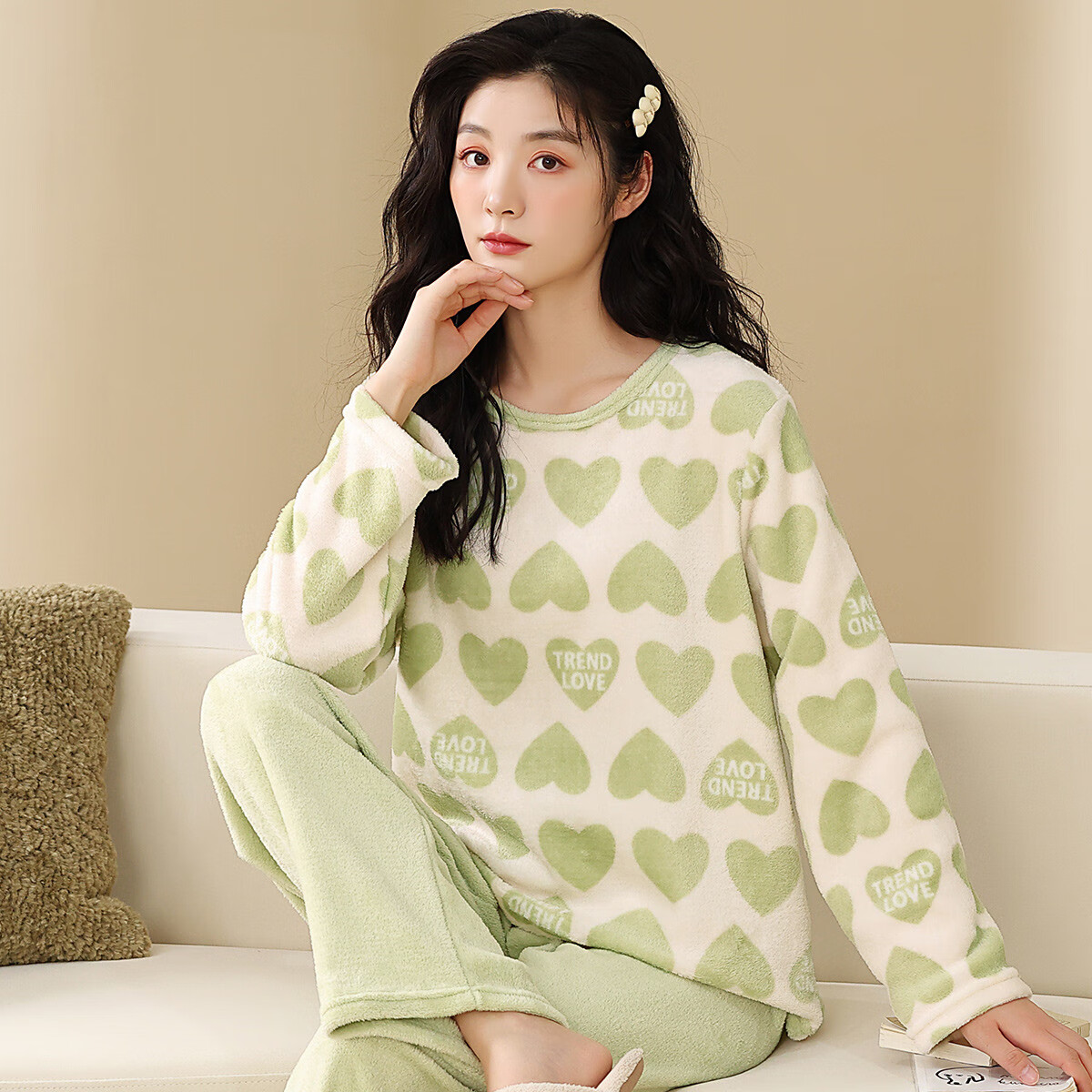 香蜜闺秀GOSO睡衣女肤暖绒秋冬可外穿柔软舒适家居服套装女【商城同款】 果绿 L 京东折扣/优惠券