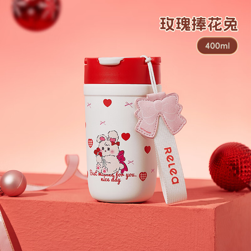 物生物（RELEA）保溫杯女士陶瓷內(nèi)膽吸管杯學(xué)生水杯高顏值咖啡杯子生日禮物 玫瑰捧花兔抗菌晶瓷款400ml