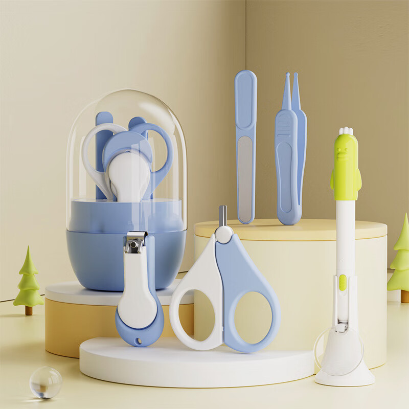 婴儿指甲剪套装 新生儿宝宝 指甲刀 儿童指甲锉 剪刀防夹肉指甲钳 白蓝色透明罐指甲剪+白绿小鸭仔