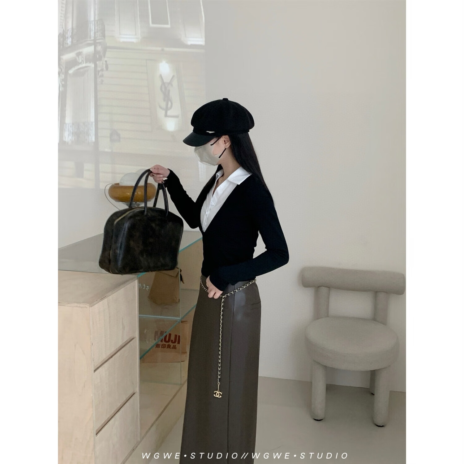 【厂家现发】39.48 WE纯欲黑色假两件衬衫领百搭显瘦休闲打底套头 黑色 S