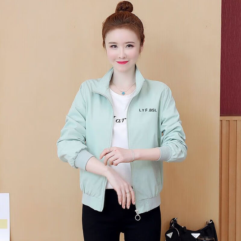 雙層帶里布/短外套女2024春秋新款韓版立領(lǐng)休閑寬松夾克風(fēng)衣ins潮 豆綠色【不加絨有里布】 XL 建議110-125斤