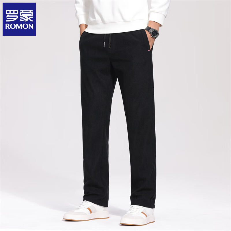 罗蒙（ROMON）灯芯绒休闲裤男2025冬季新款加绒厚款宽松直筒长裤子保暖男裤 黑色 XL (建议体重130-150斤)