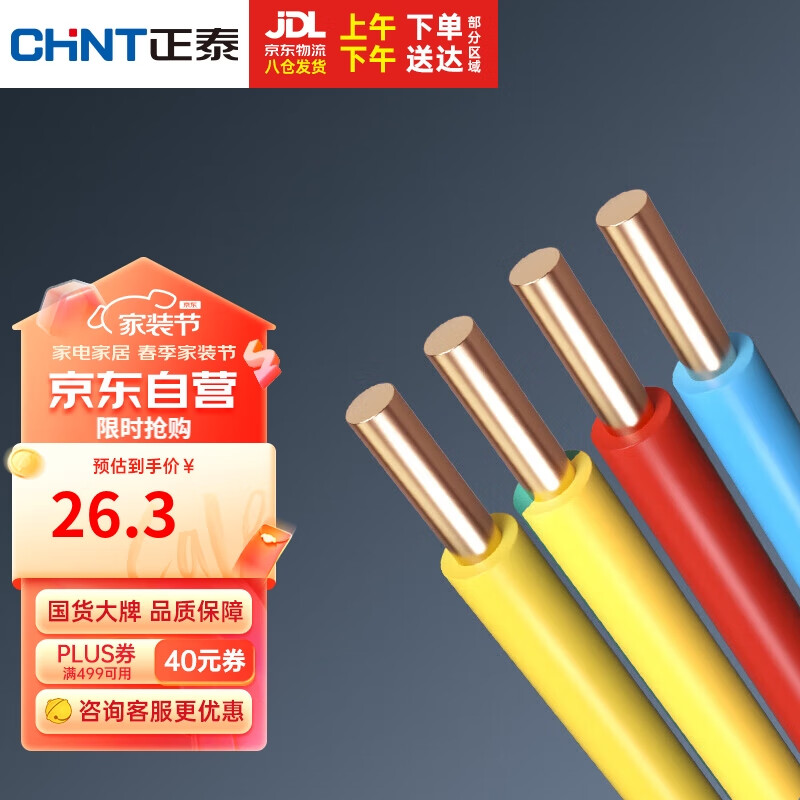 正泰（CHNT）电线电缆铜芯家用电线国标电源线BV2.5/4/6平方单芯铜线电线10米
