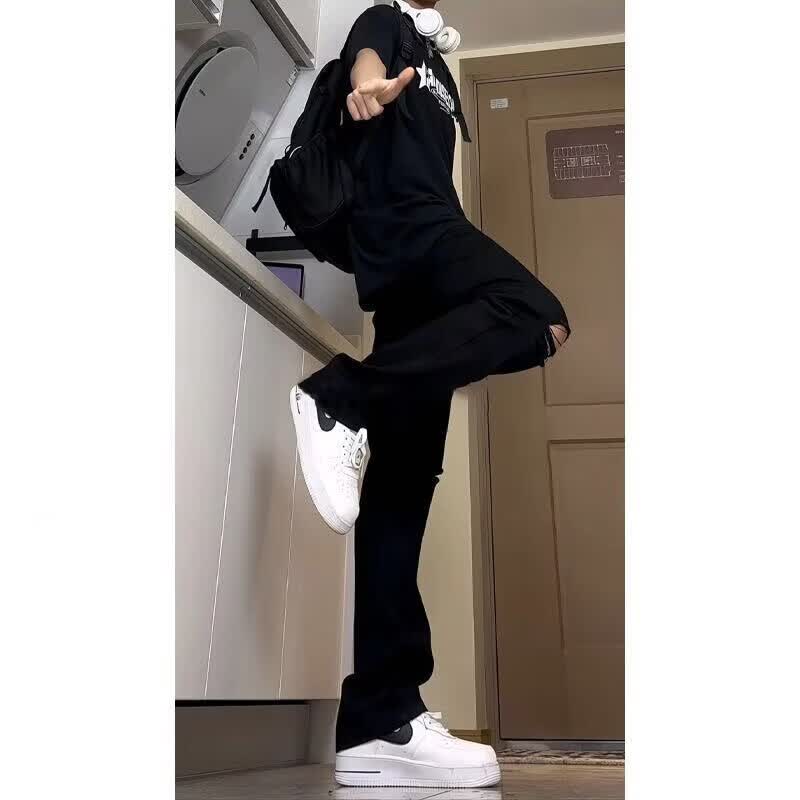 迪伽达黑色破洞微喇牛仔裤男美式潮牌高街vibe痞帅直筒修身显瘦长裤子男 CHFS-C1087黑色【双破洞】 L