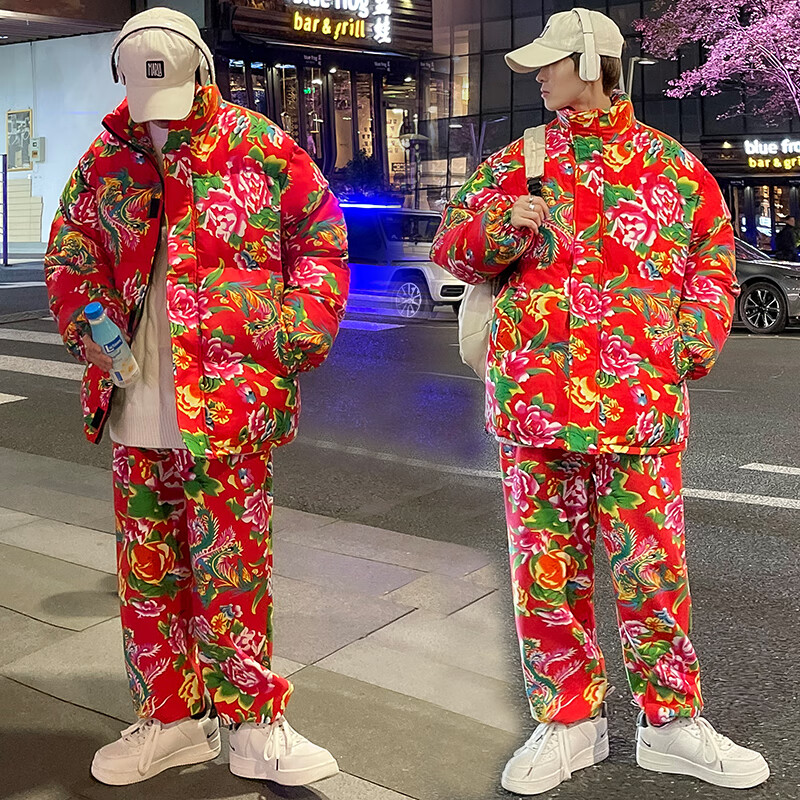 蔻玥网红东北大花袄套装男款冬季加厚抗寒棉服情侣国潮牡丹花棉袄棉裤