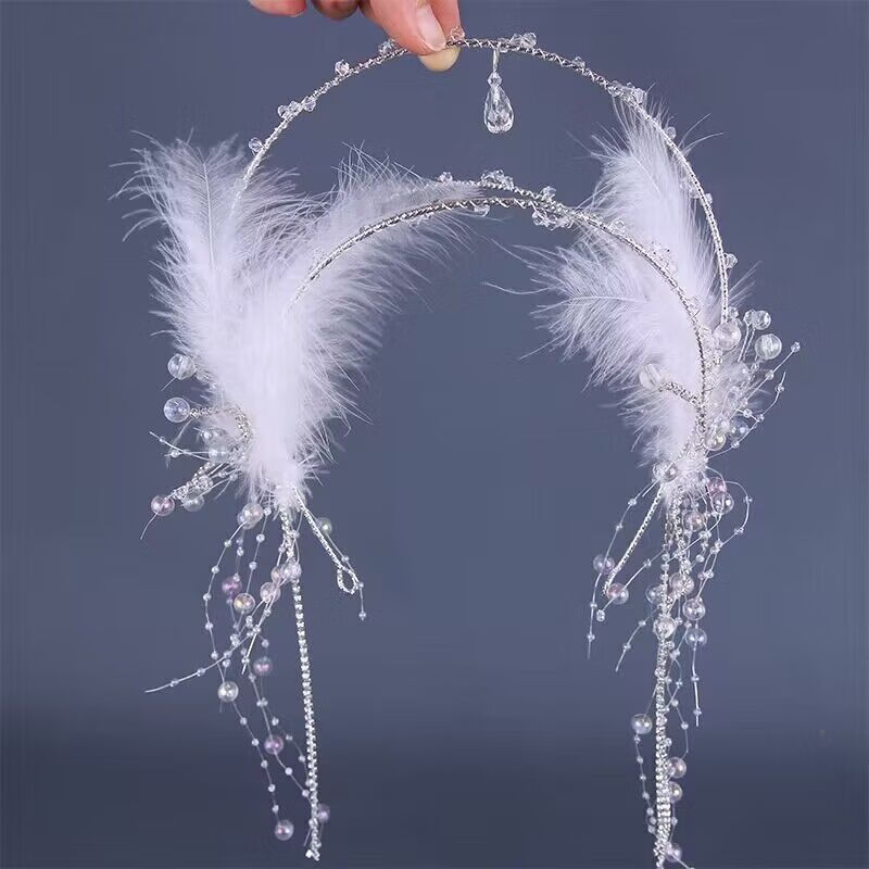 头饰女古风仙气发冠羽毛白色古装新娘配饰森系发饰 白色羽毛头箍发冠