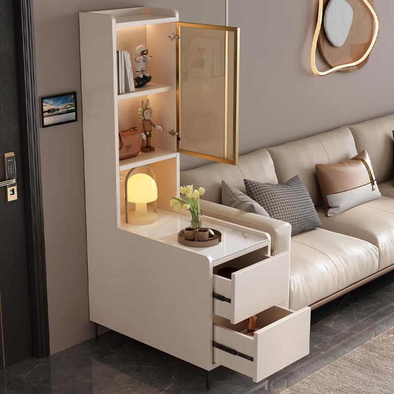 曲柏年沙发边柜侧边柜简约客厅置物柜家用岩板角几柜伸缩边桌茶几 新款2024 暖白色:65*30*168  E0颗粒板材-包安装