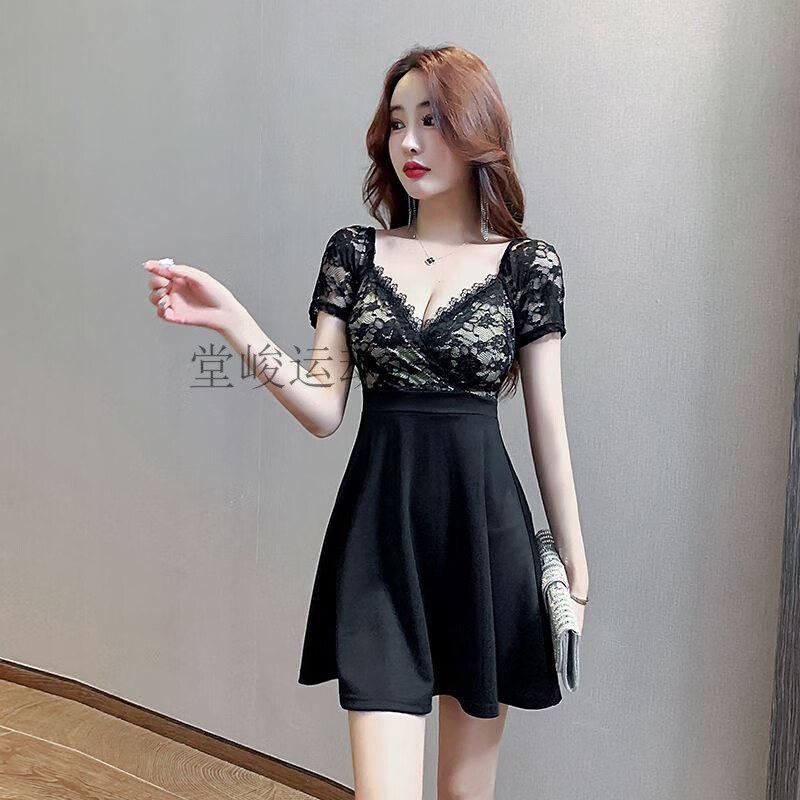 堂峻夜總店女裝性感連衣裙工作服包臀夜場總會(huì)V領(lǐng)露背蕾絲裙子 黑色 XL