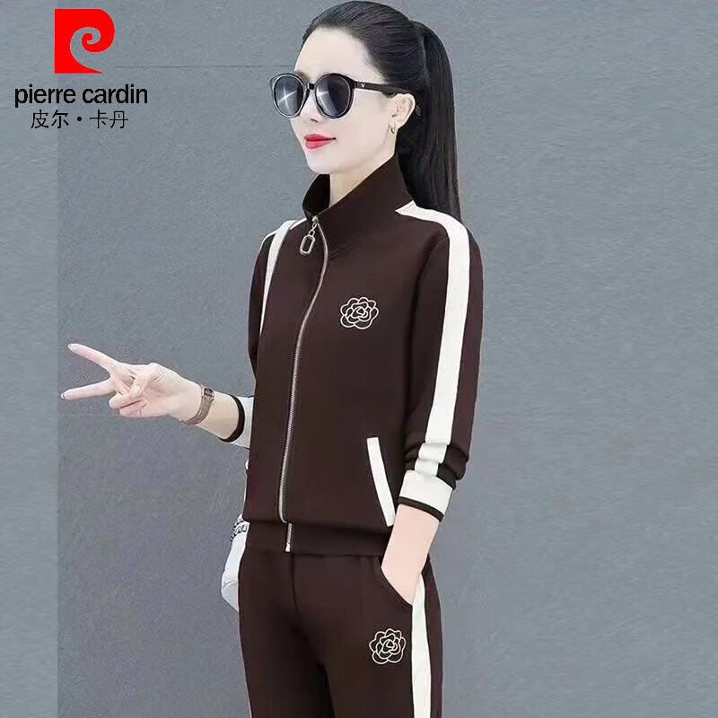 皮尔卡丹(pierre cardin)中老年运动套装女春秋外套新款卫衣洋气时尚减龄休闲跑步服三件套 咖啡色三件套 L
