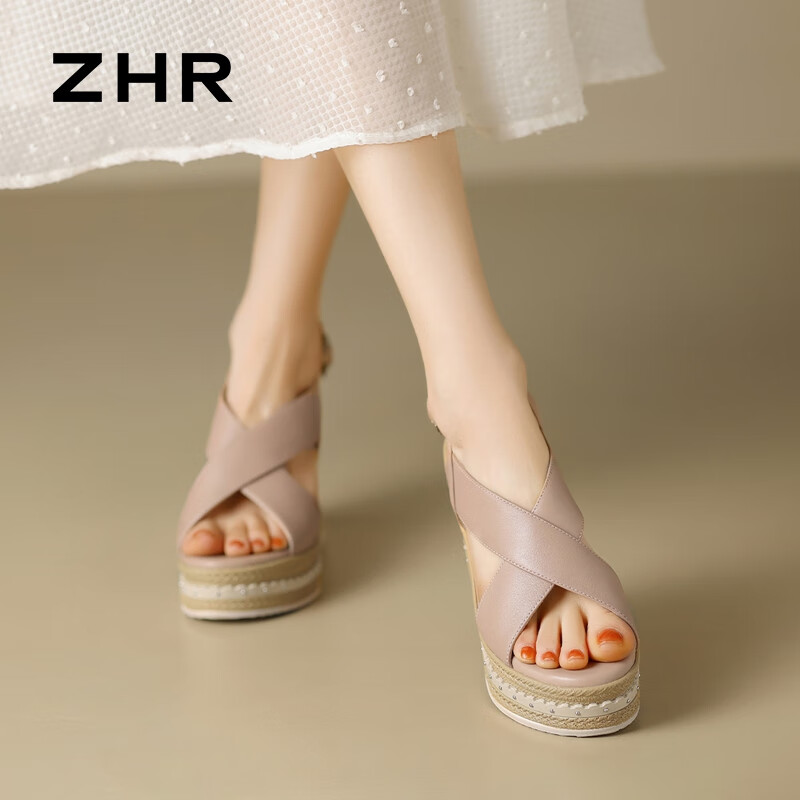ZHR涼鞋女時(shí)尚百搭牛皮坡跟女鞋夏季透氣牛皮鞋子女 S167 裸色 37 
