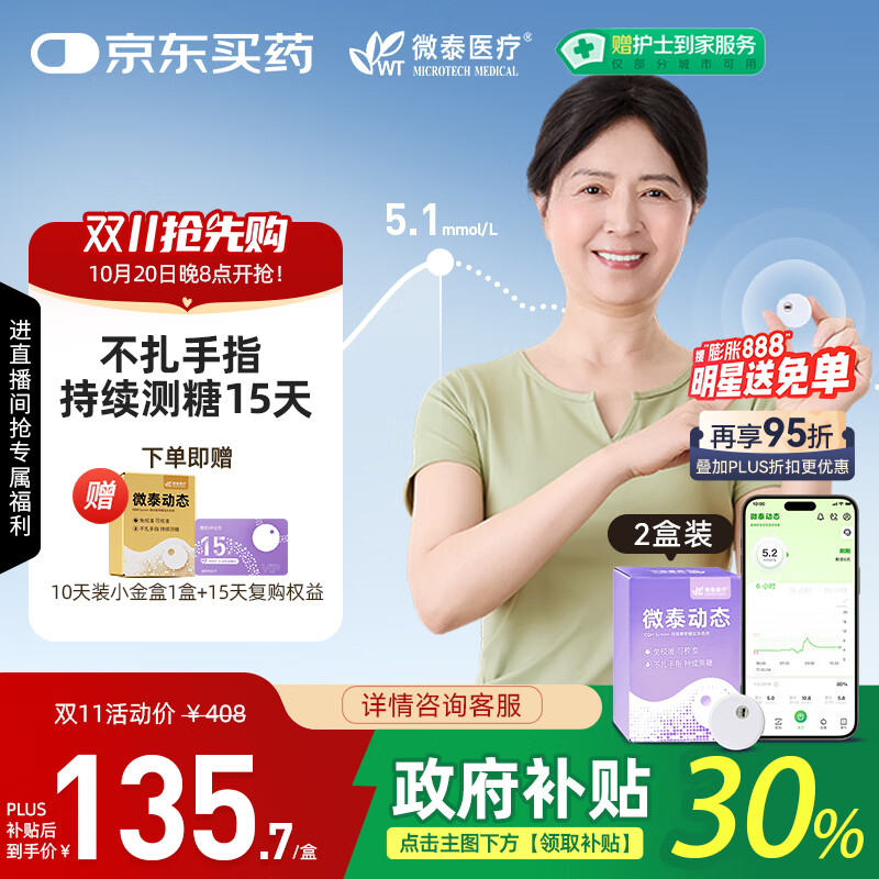 微泰AiDEX X动态血糖仪免采血家用15天持续血糖监测仪GX-01S 2盒装