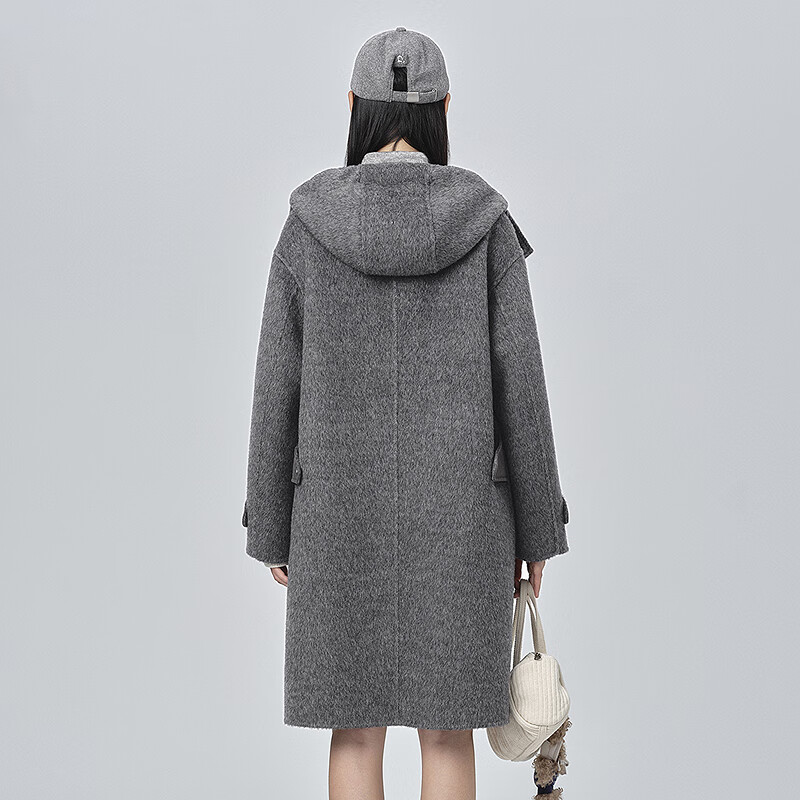 乐町【商场同款】乐町中长款羊毛呢大衣冬款耗牛绒连帽外套C2AAF4334 银烛灰（现货） M