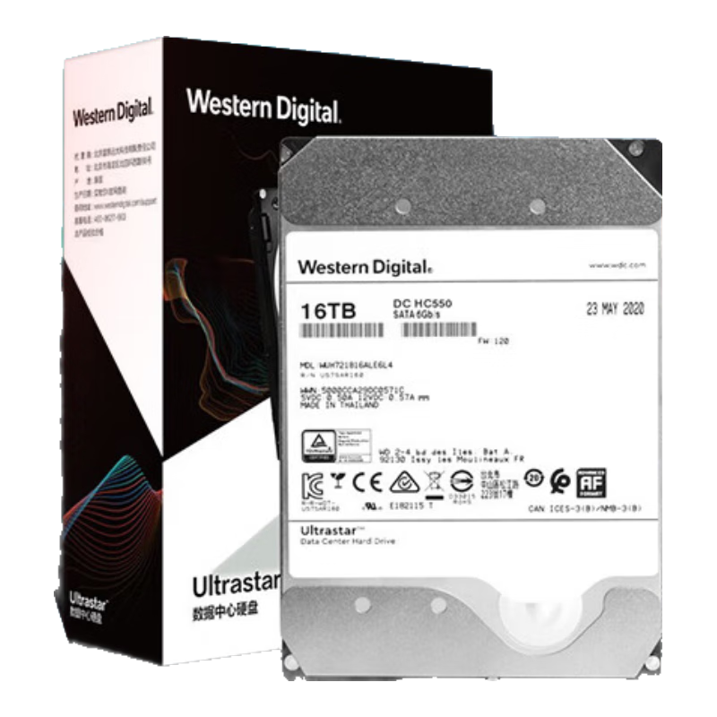 西部数据 企业级氦气硬盘 Ultrastar HC550 SATA 16TB CMR垂直 7200转 512MB (WUH721816ALE6L4)