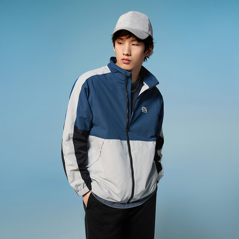 黑鲸（HLAJEANS）海澜之家旗下撞色拼接立领夹克男春季时尚复古校园风外套男 蓝灰镶拼02 175/92A