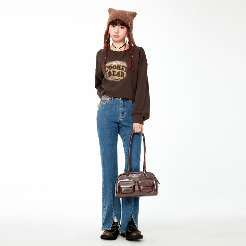 乐町复古牛仔喇叭裤 深牛仔蓝 S