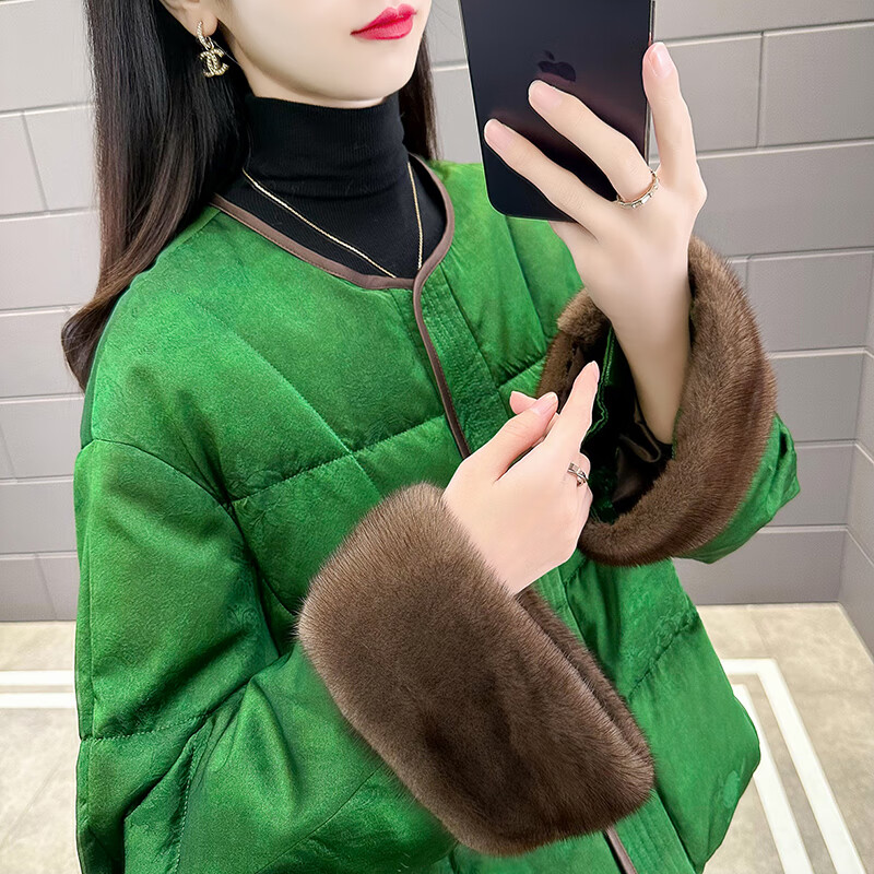 離境天滿族服裝女皮草 2024冬季新款中式國風白鵝絨羽絨服水貂毛皮草高 綠色 S