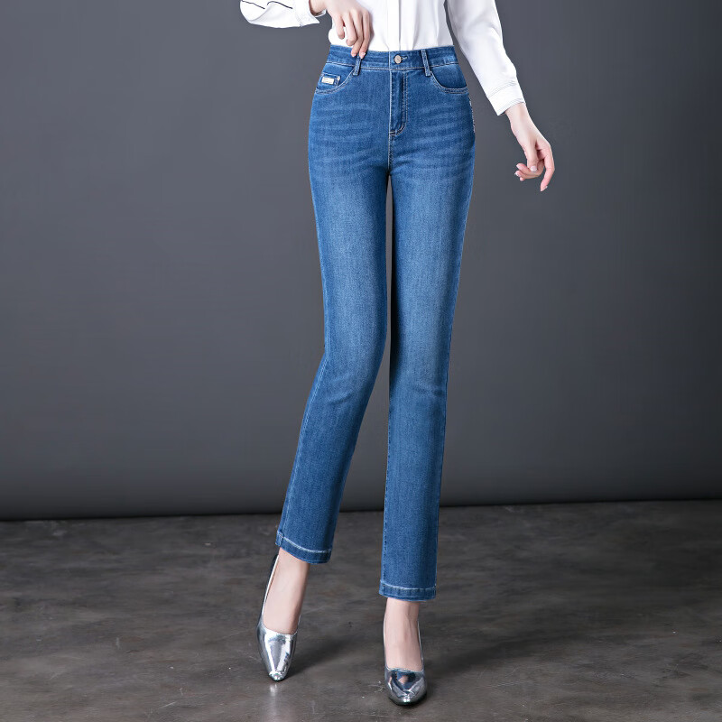 卡维妲牛仔裤春季新款筒裤百搭中年女裤铅笔长裤力 藏蓝 27