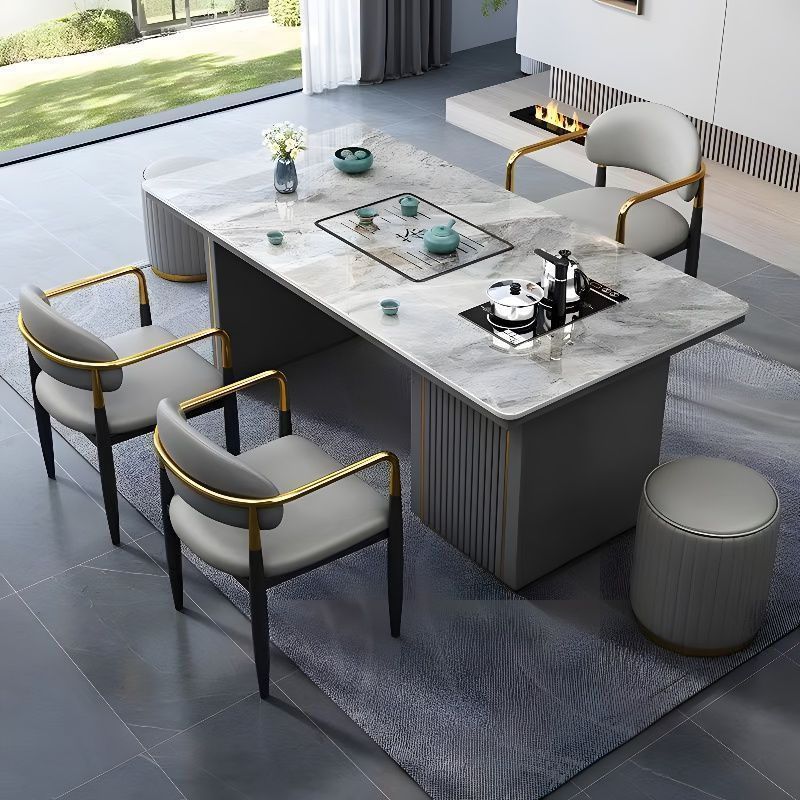 康佰汇轻奢岩板茶桌茶几茶台办公家用阳台客厅茶桌椅组合烧水壶一体喝茶 单茶桌+1主人椅+2圆凳 2.0米茶台