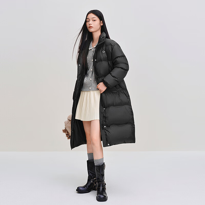 乐町【火山岩】乐町H身型长款面包羽绒服2025年冬季新款波浪绗线外套 乌黑(现货) XS