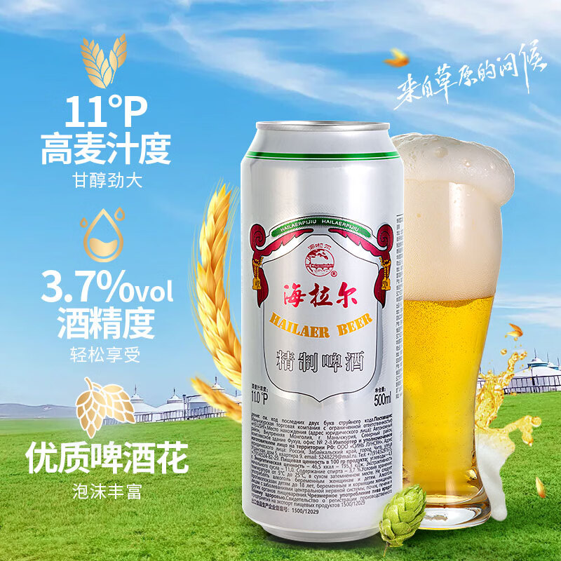 雪花啤酒 海拉尔啤酒精制11度醇厚型啤酒 500mL 12罐 整箱装 到期日5月