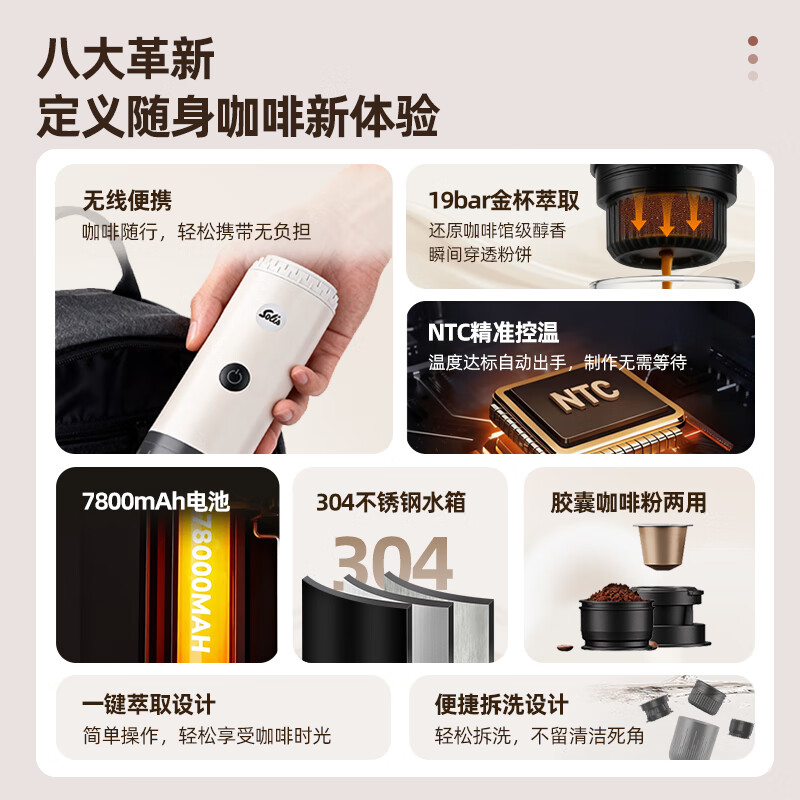 索利斯(Solis)便携胶囊咖啡机家用办公室户外旅行迷你意式美式咖啡具生日礼物 黑色(不带磨豆功能)