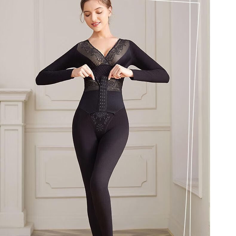 维多利亚的格调冬新款保暖塑身衣加绒加厚德绒发热无痕保暖内衣塑身衣女束腰收腹 长长裤6690黑色连体后脱(薄款北极货 XL 建议 115-130斤