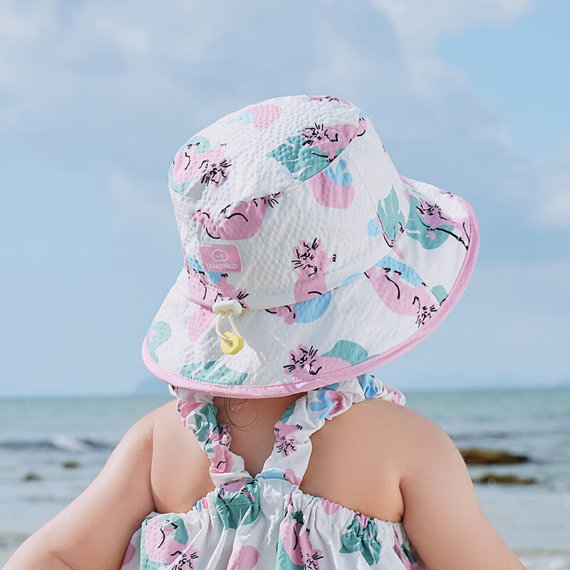 柠檬宝宝儿童夏日卡通透气盆帽男女童防晒防紫外线透气渔夫帽可调节帽围 山野漫步粉 帽围52CM