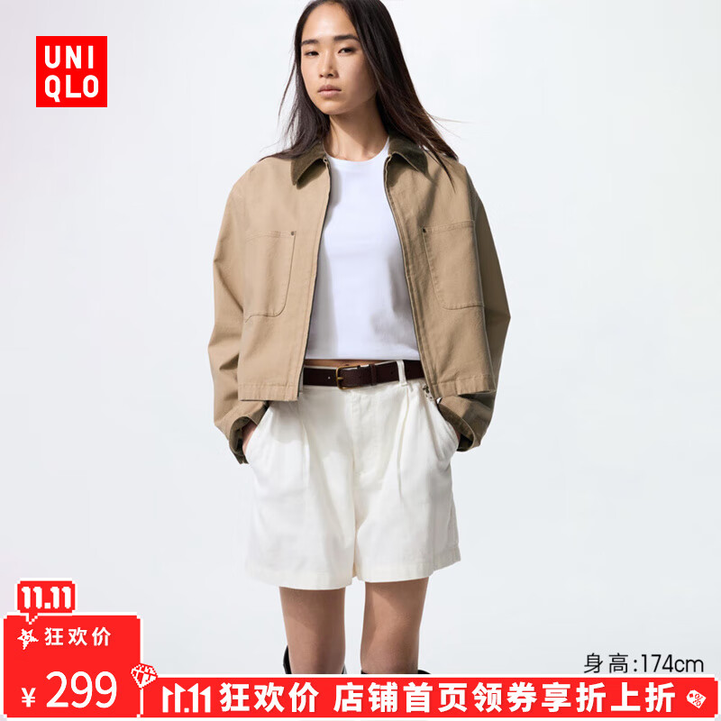 优衣库女装休闲拉链短茄克/外套巴恩风翻领时尚夹克 新款479208 32 深米色 M /160/84A