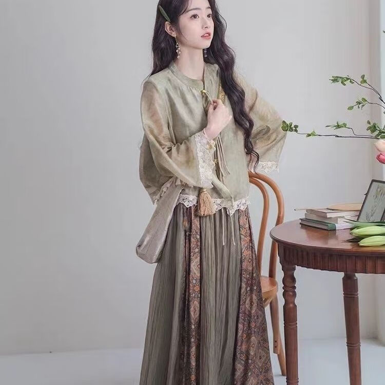 橦舟渡良木礼服装新中式蕾丝花边上衣 印花半身裙两件套女复古国风