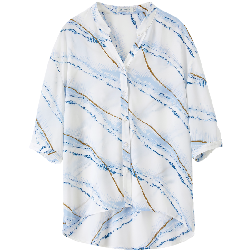尚都比拉抽象印花条纹衬衫女夏季2022年新款女装设计感七分袖休闲衬衣 白配蓝 M 69.5元包邮