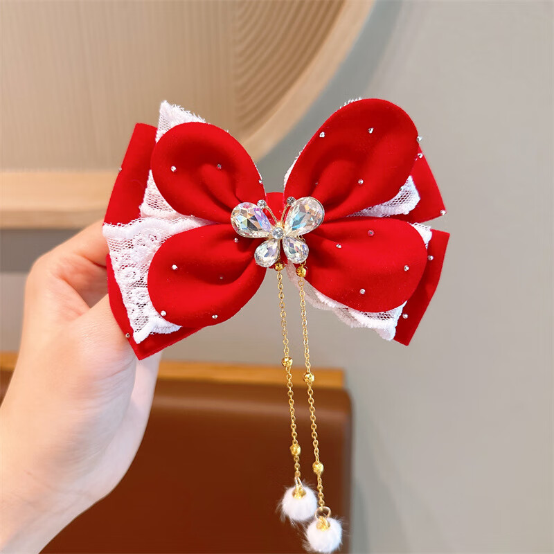 乐喵(lemiao)儿童大红蝴蝶结发卡过年头饰小女孩中国风公主喜庆发夹