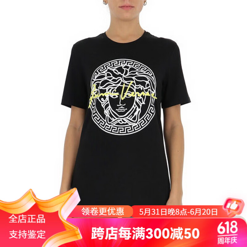 女士纯色棉质经典字母徽标美杜莎头像印花短袖上衣t恤奢饰品潮牌 a8