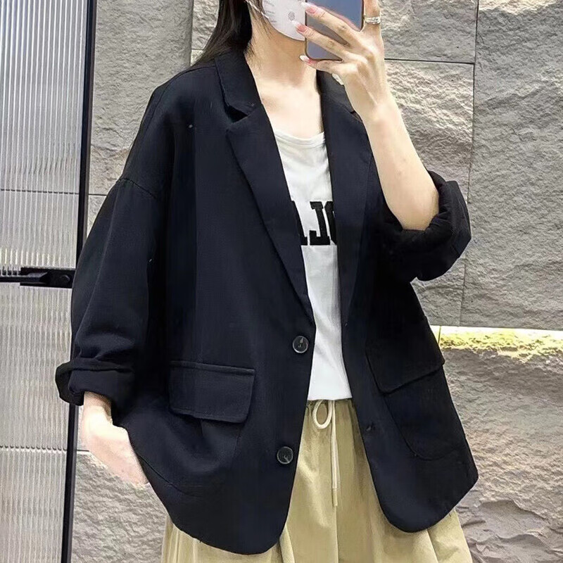 鲁伊森2024女秋季棉麻小西装黑色西装外套感春秋新款休闲百搭宽松休闲